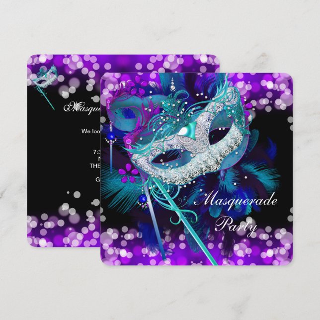 Masquerade Ball Party Aquamarin Blue Lila Mask 2 Einladung (Vorne/Hinten)