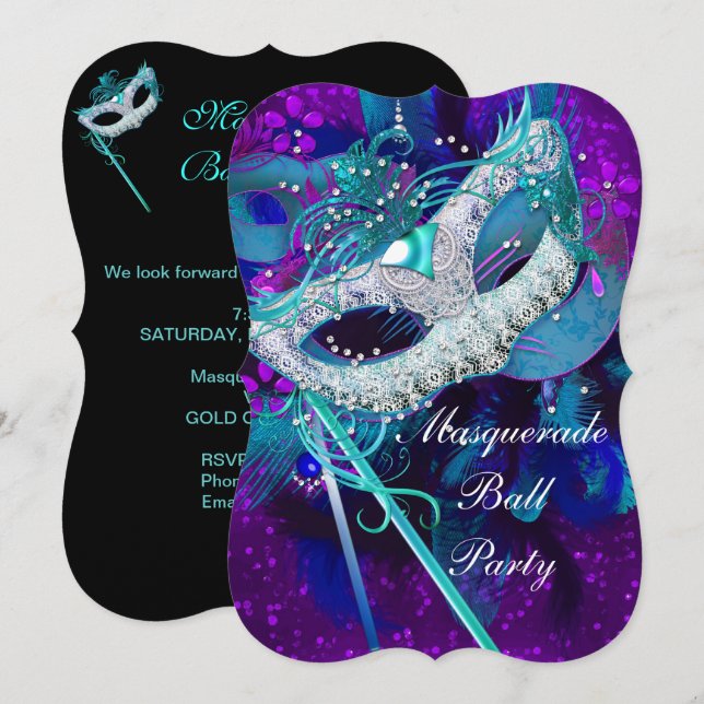 Masquerade Ball Party Aquamarin Blue Lila Mask B Einladung (Vorne/Hinten)