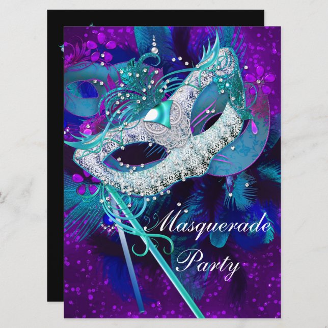 Masquerade Ball Party Aquamarin Blue Lila Masken g Einladung (Vorne/Hinten)