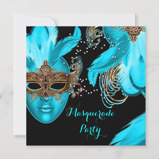 Masquerade Ball Party Aquamarin Blue Masken Einladung (Vorderseite)