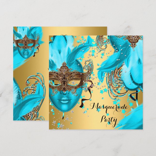Masquerade Ball Party Aquamarin Blue Masken Gold 3 Einladung (Vorne/Hinten)