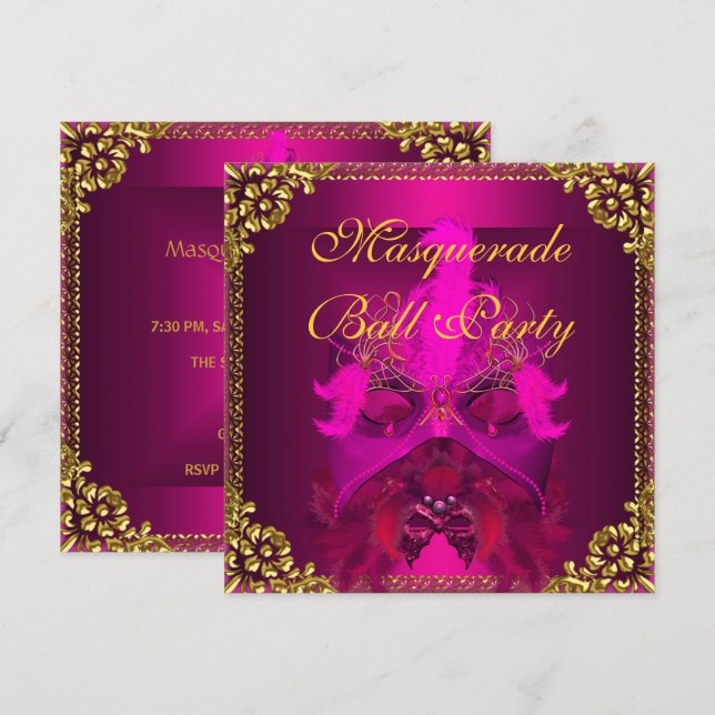 Masquerade Ball Party Masken Gold Deep Pink Einladung (Vorne/Hinten)