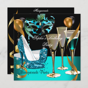 Masquerade Birthday Aquamarin Gold Wine Stiletto 2 Einladung