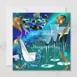 Masquerade Birthday Aquamarin Gold Wine Stiletto 3 Einladung