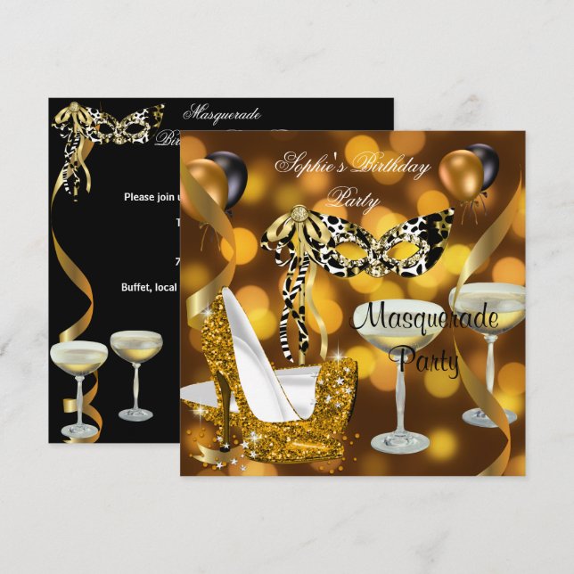 Masquerade Birthday Gold Stiletto Champagne 2 Einladung (Vorne/Hinten)