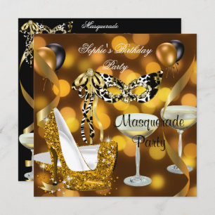 Masquerade Birthday Gold Stiletto Champagne 2 Einladung
