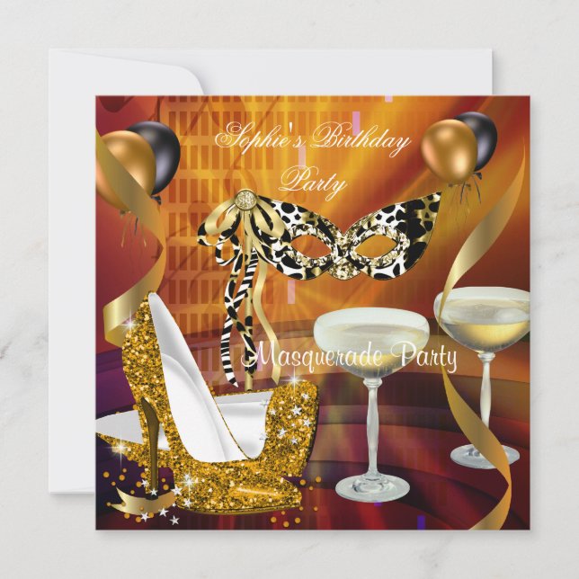 Masquerade Birthday Gold Stiletto Champagne Party Einladung (Vorderseite)