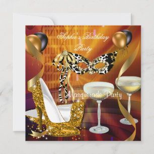 Masquerade Birthday Gold Stiletto Champagne Party Einladung
