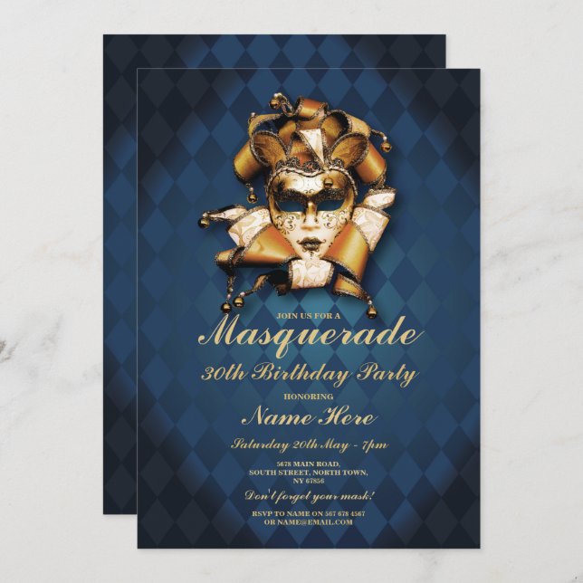 Masquerade Birthday Party Blue Gold Maske Einladun Einladung (Vorne/Hinten)