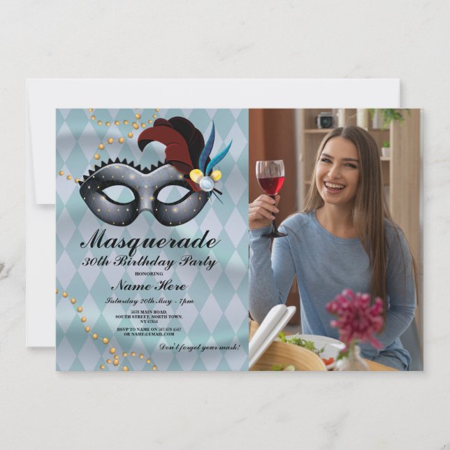 Masquerade Birthday Party Gold Blue Mask Foto Einladung (Vorderseite)