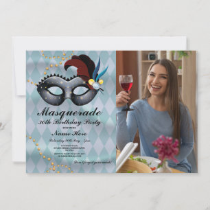 Masquerade Birthday Party Gold Blue Mask Foto Einladung