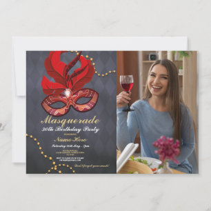 Masquerade Birthday Party Gold Red Mask Foto Einladung