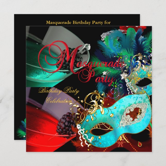 Masquerade Birthday Party Rote Aquamarine Goldmask Einladung (Vorne/Hinten)