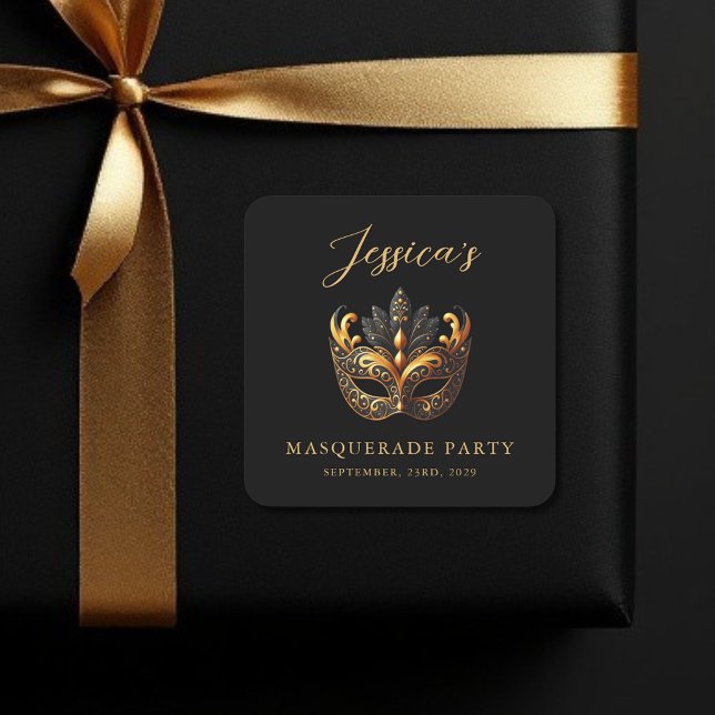 Masquerade Black Gold Geburtstag Quadratischer Aufkleber (Von Creator hochgeladen)