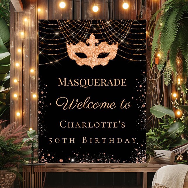 Masquerade black gold glitter birthday party poster (Von Creator hochgeladen)