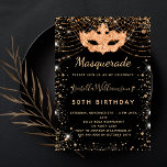 Masquerade black gold glitter dust birthday party einladung<br><div class="desc">For an elegant Masquerade,  50th (or any age) birthday.  A stylish black background. Decorated with faux gold glitter dust and a masquerade mask.  Personalize and add a name,  age and party details. The name is written with a hand lettered style script</div>