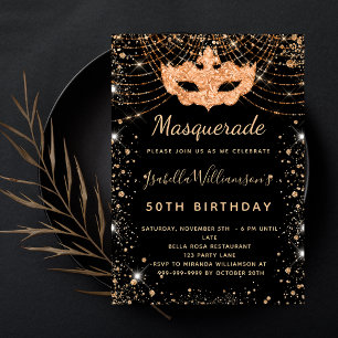 Masquerade black gold glitter dust birthday party einladung