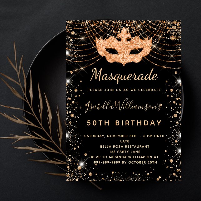 Masquerade black gold glitter dust birthday party einladung (Von Creator hochgeladen)