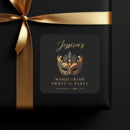 Masquerade Black Gold Sweet 16 Birthday Party Quadratischer Aufkleber