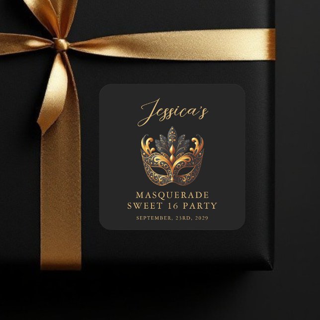Masquerade Black Gold Sweet 16 Birthday Party Quadratischer Aufkleber (Von Creator hochgeladen)