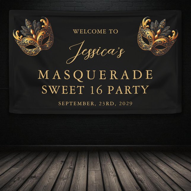 Masquerade Black Gold Sweet 16 Birthday Welcome Banner (Von Creator hochgeladen)