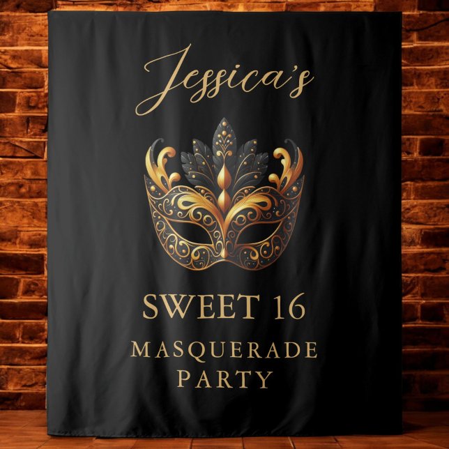 Masquerade Black Gold Sweet 16 Geburtstag Willkomm Wandteppich (Von Creator hochgeladen)