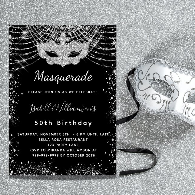 Masquerade Black silber Luxus Geburtstagsparty Einladung (Von Creator hochgeladen)