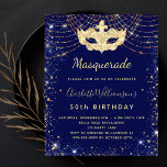 Masquerade Blue Gold Geburtstagsbudget Einladung Flyer<br><div class="desc">Bitte beachten Sie, dass diese Einladung auf Flyer Papier und sehr dünn ist. Umschläge sind nicht enthalten. Für dickere Einladungen (gleiche Gestaltung) besuchen Sie bitte unseren Shop. Für eine elegante Masquerade, 50. (oder jedes Alter) Geburtstag. Ein stilvoller marineblauer Hintergrund. Mit Imitaten vergoldeten Glitzer Staub und eine Maskerade Maske dekoriert. Personalisieren...</div>