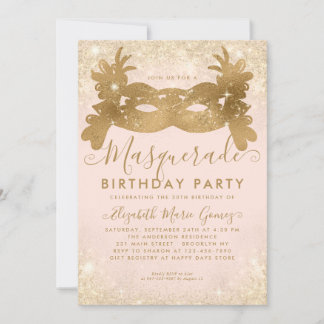 Masquerade Blush Pink Gold Glitzer Geburtstagspart Einladung