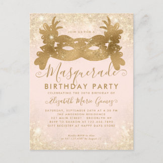Masquerade Blush Pink Gold Glitzer Geburtstagspart Postkarte