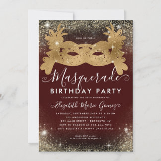 Masquerade Burgundy Gold Glitzer Geburtstagsparty Einladung