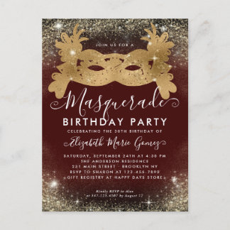 Masquerade Burgundy Gold Glitzer Geburtstagsparty Postkarte