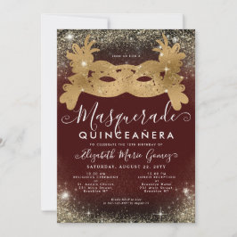 Masquerade Burgundy Red Gold Glitzer Quinceanera Einladung