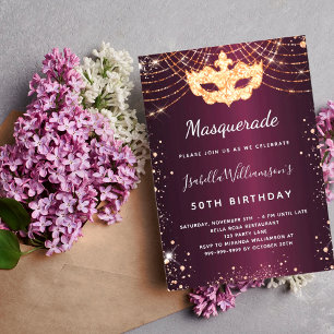 Masquerade burgundy Rose Gold Glitzer Geburtstag Einladung