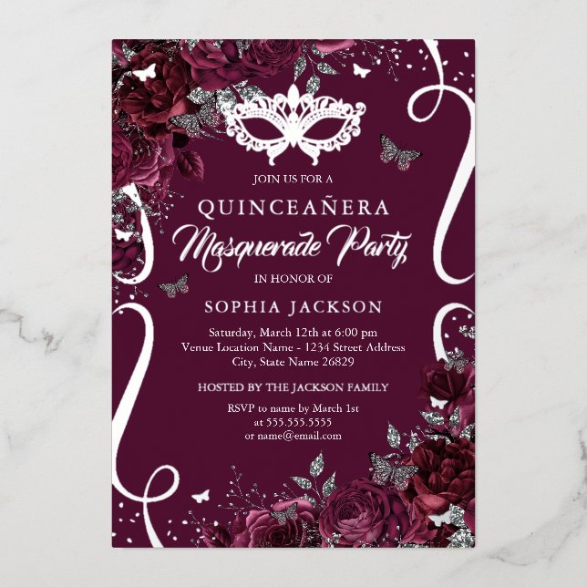 Masquerade Butterfly Burgundy Silver Quinceanera Folieneinladung (Vorderseite)