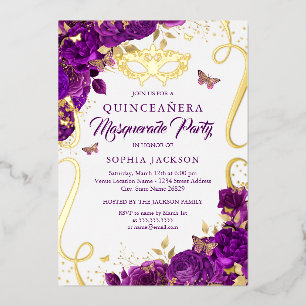 Masquerade Butterfly Gold Lila Quinceanera Folieneinladung