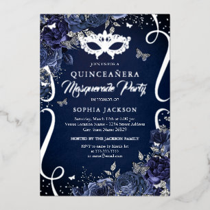 Masquerade Butterfly Navy Silver Quinceanera Folieneinladung