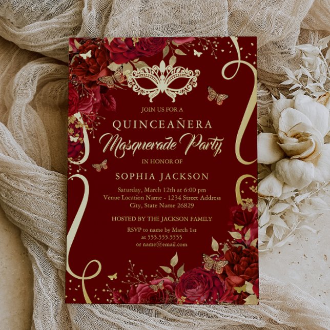Masquerade Butterfly Royal Red Quinceanera Folieneinladung (Von Creator hochgeladen)