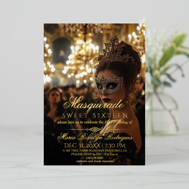 Masquerade Chic Gold Foto Quinceanera Folieneinladung (Stehend vorne)