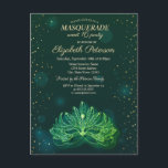 Masquerade, Confetti Stars Grüne Maske Süß 16 Einladungspostkarte<br><div class="desc">Elegante Maske und Konfetti auf grünem Hintergrund.</div>