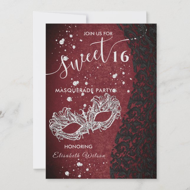 Masquerade Diamond Damask burgundy süß 16 Einladung