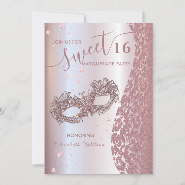 Masquerade Diamond Damask Rose Gold süß 16 Einladung (Vorderseite)