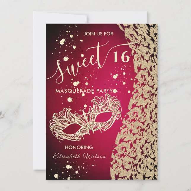 Masquerade Diamond Damaskus rot süß 16 Einladung (Vorderseite)