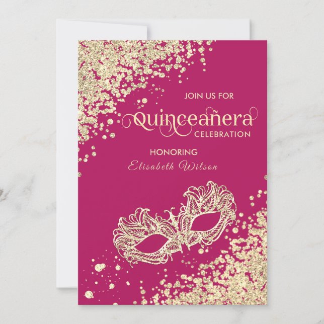 Masquerade Diamond Luxus Quinceañera rosa Einladung (Vorderseite)