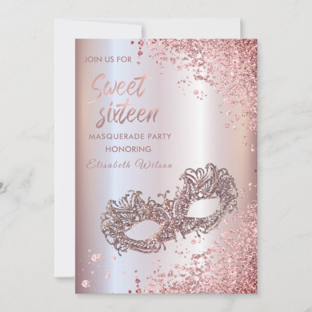 Masquerade Diamond Luxus Rose Gold süß 16 Einladung (Vorderseite)