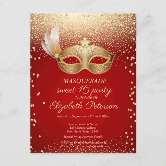 Masquerade Diamonds, Masque, Roter Sweet 16 Einladungspostkarte (Vorderseite)