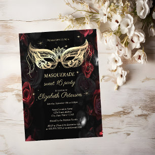 Masquerade Dunkelrote Rosen Gothic Sweet 16 Einladungspostkarte
