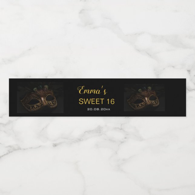 Masquerade Elegant Gold Black Sweet 16 15 Geburtst Wasserflaschenetikett (Einzelnes Label)