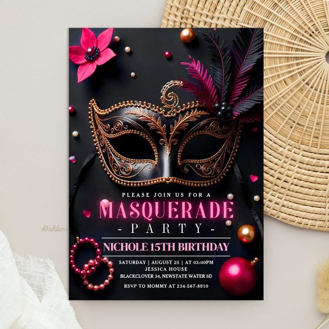 Masquerade Elegantes Rosa Party Einladung (Masquerade Elegant Black Pink Party Invitation)