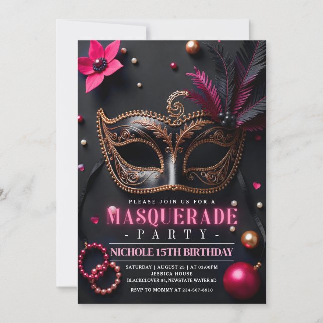 Masquerade Elegantes Rosa Party Einladung (Vorderseite)
